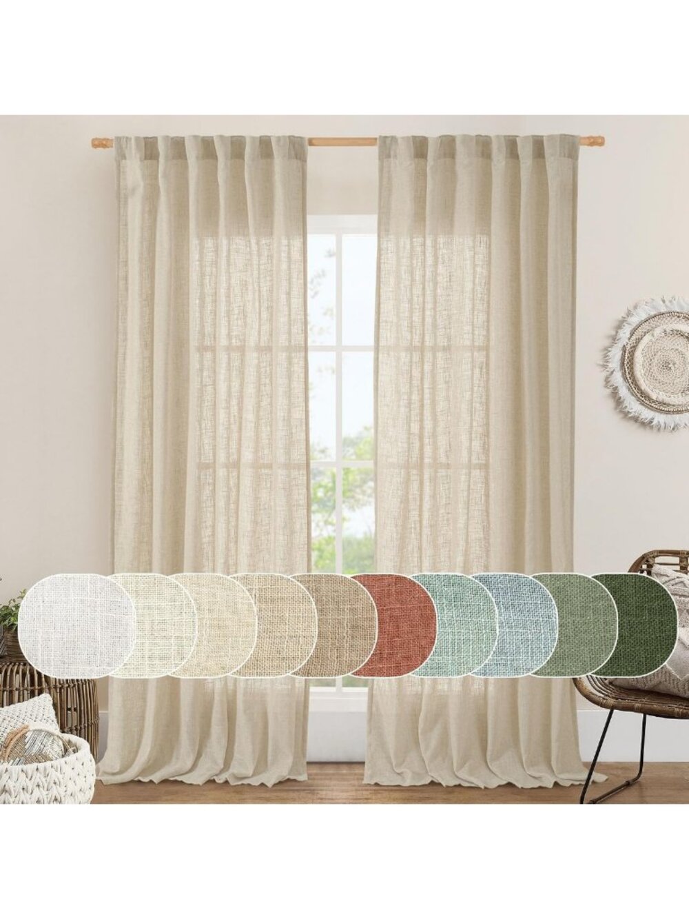 Light Filtering Linen Curtains - 84" Long, 2 Panels for Bedroom, Living Room